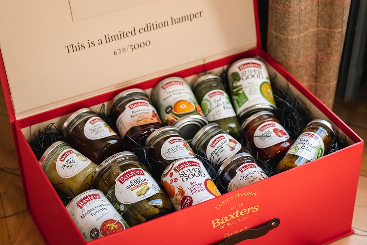 An opened Baxters gift hamper