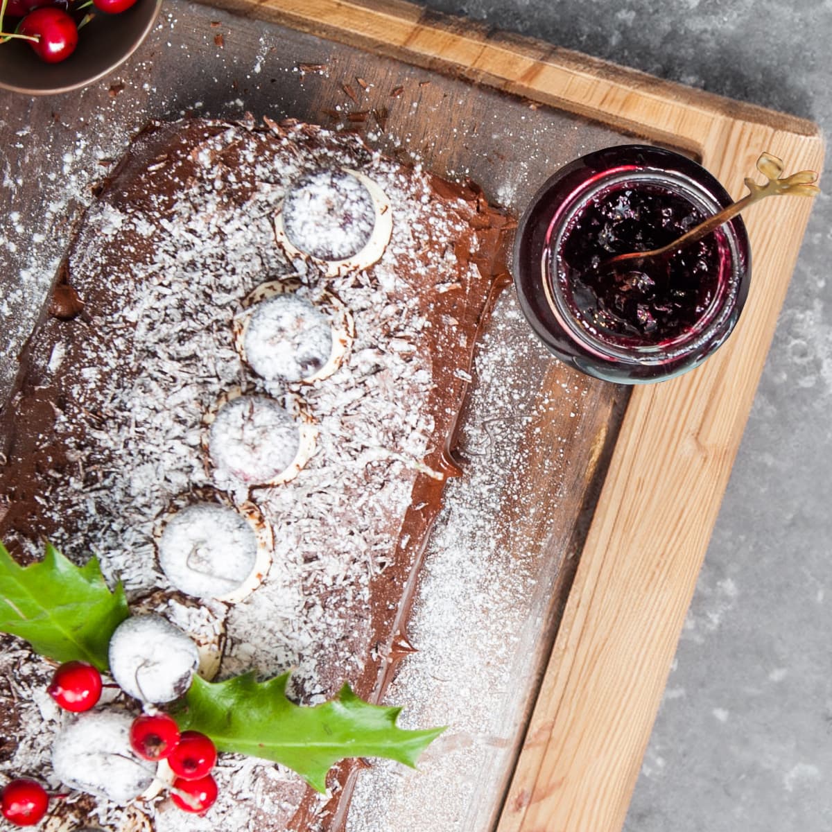 Cherry Kirsch Jam being used on a chocolate roulade cake